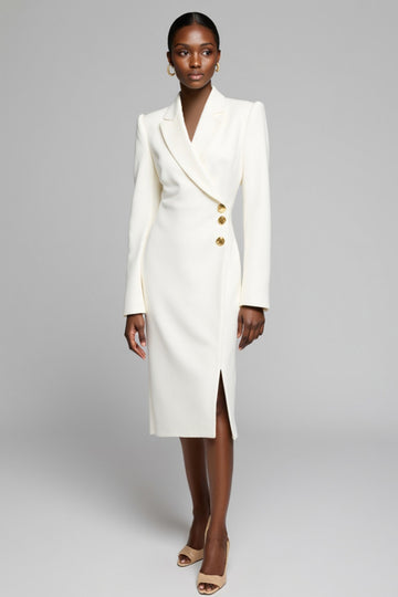 Robe de travail blanche à revers crantés et manches longues